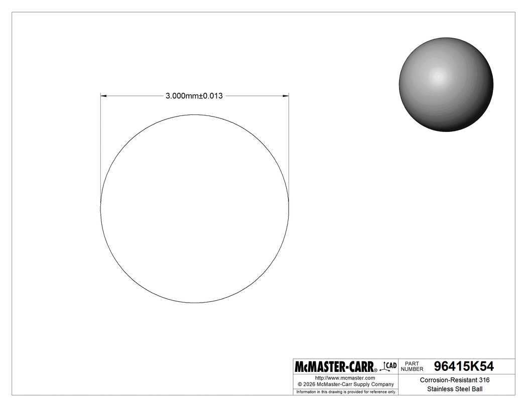 Technical Drawing of Highly Corrosion-Resistant 316 Stainless Steel Ball, 3 mm Diameter.